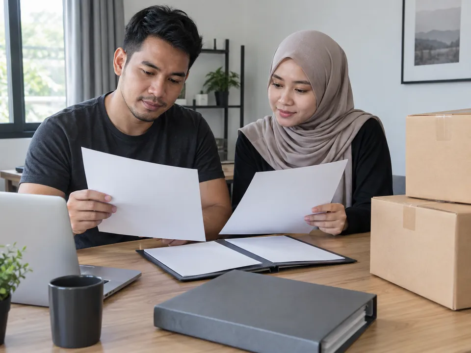 Ilustrasi persediaan pelanggan: Dua pelanggan meneliti helaian kosong dengan folder terbuka dan karton bertutup.